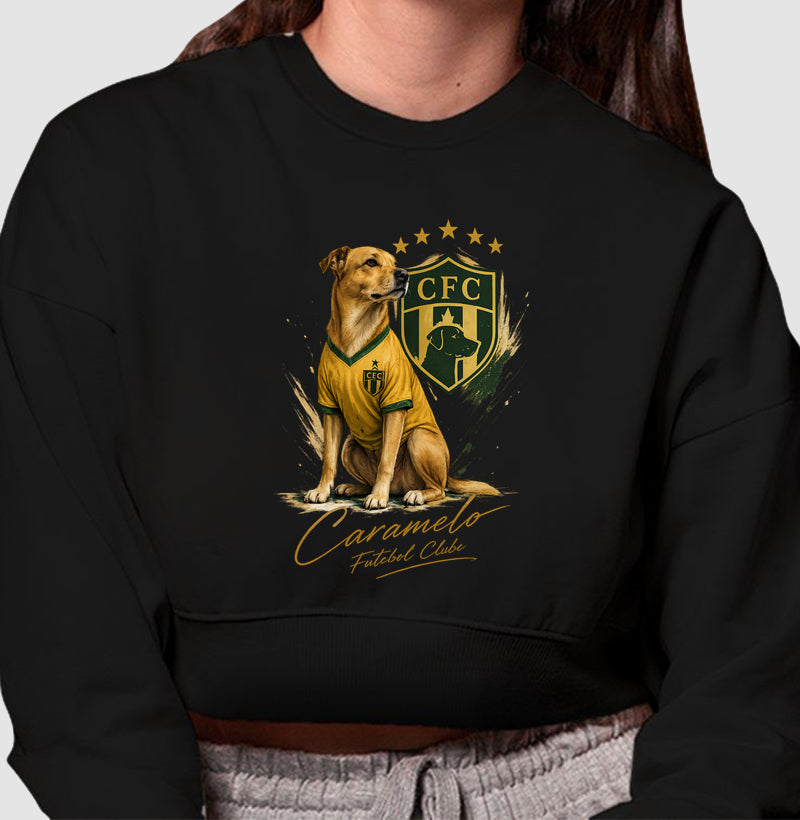 Moletom cropped Caramelo FC preta e branca PattaMansa