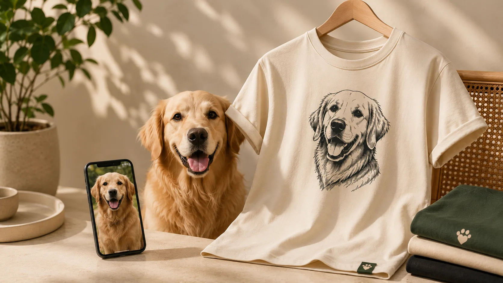 Camiseta personalizada PattaMansa com estampa de pet ao lado do pet e do celular com a foto de referência
